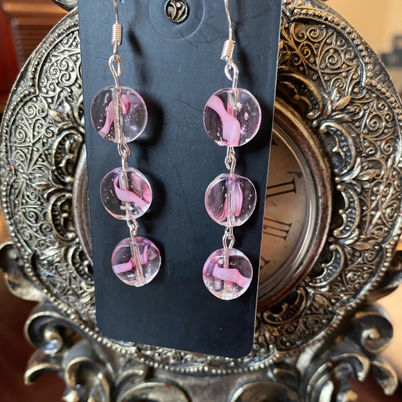 3 for 15. Handmade Clear and Pink Round Glass Dangle Earrings - Picture 2 of 3